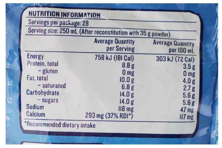 Sữa tươi dạng bột nguyên kem Devondale 4 Bảng dinh dưỡng của Sữa bột Úc Devondale nguyên kem